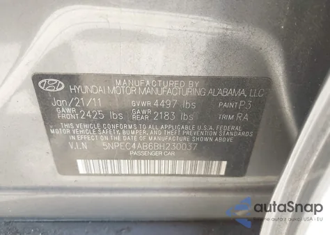 2011 Hyundai Sonata Se 2.0T из США, поврежденный, VIN 5NPEC4AB6BH230037